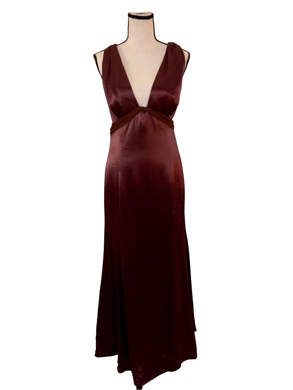 Vera Wang Vintage Brown Satin Plunge Open Back Evening Gown Dress 12
